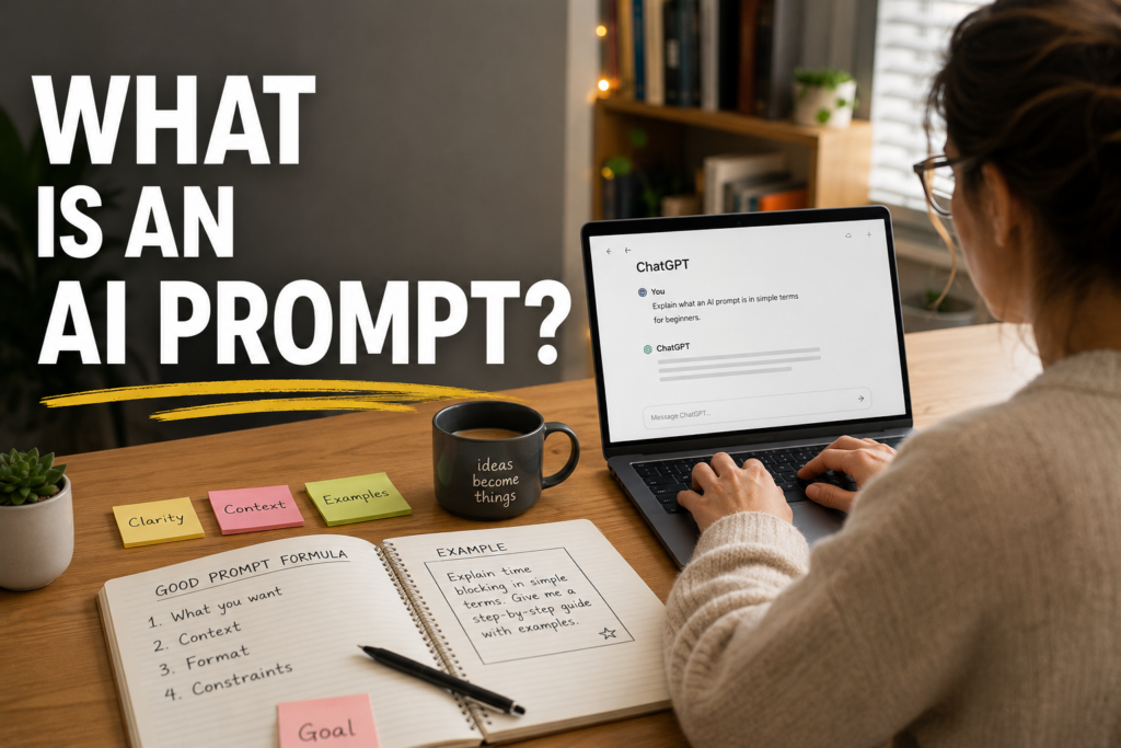 Beginner learning what an AI prompt is while using ChatGPT in a realistic workspace