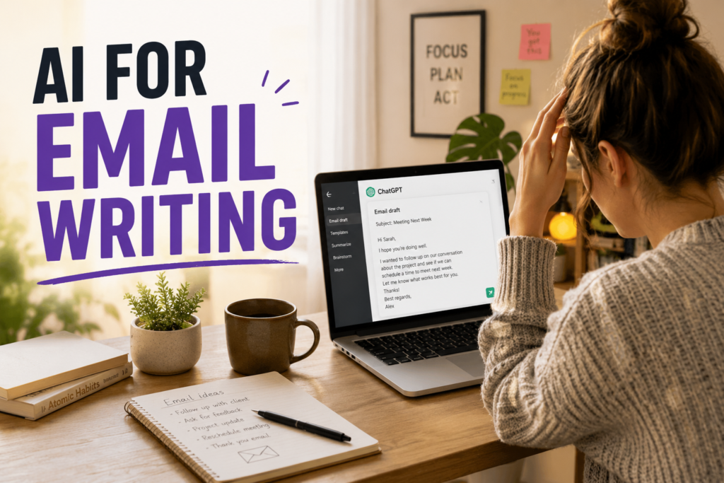 Beginner using AI for email writing on a laptop in a realistic home office workspace