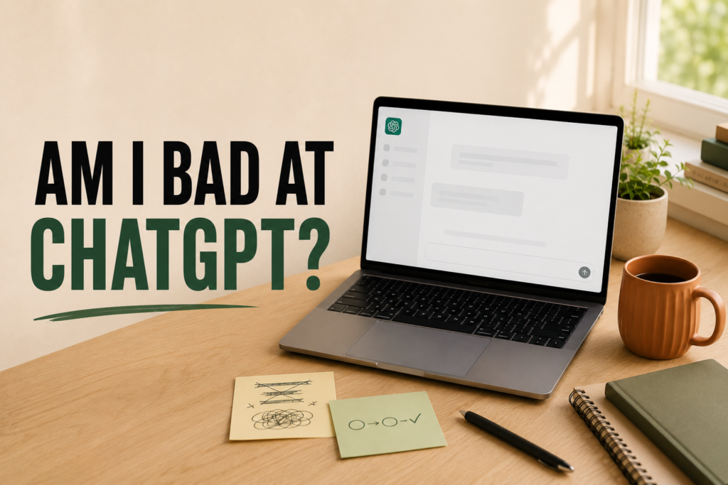 Modern laptop workspace representing beginner frustration and learning with ChatGPT