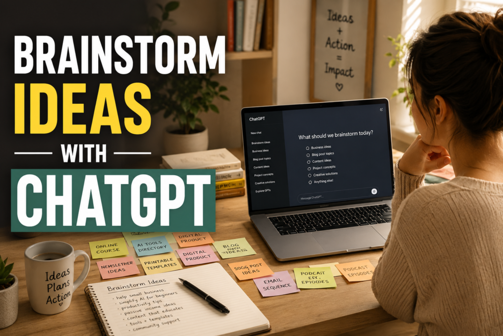 Beginner learning how to brainstorm ideas with ChatGPT in a realistic workspace