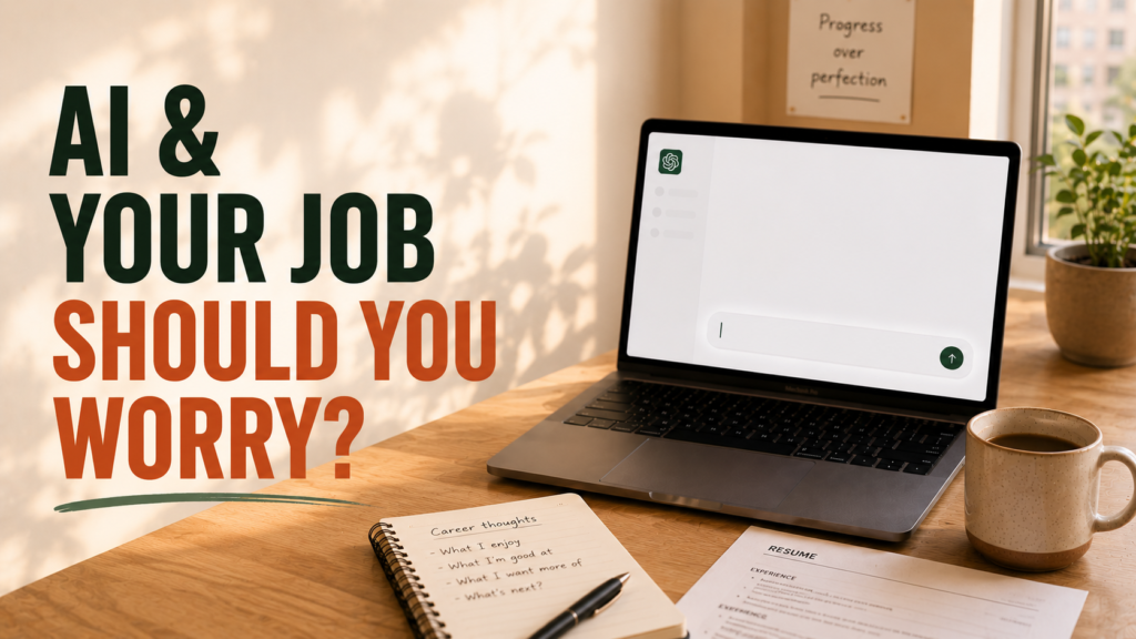 Laptop with AI chat screen and work notes representing concerns about AI changing jobs