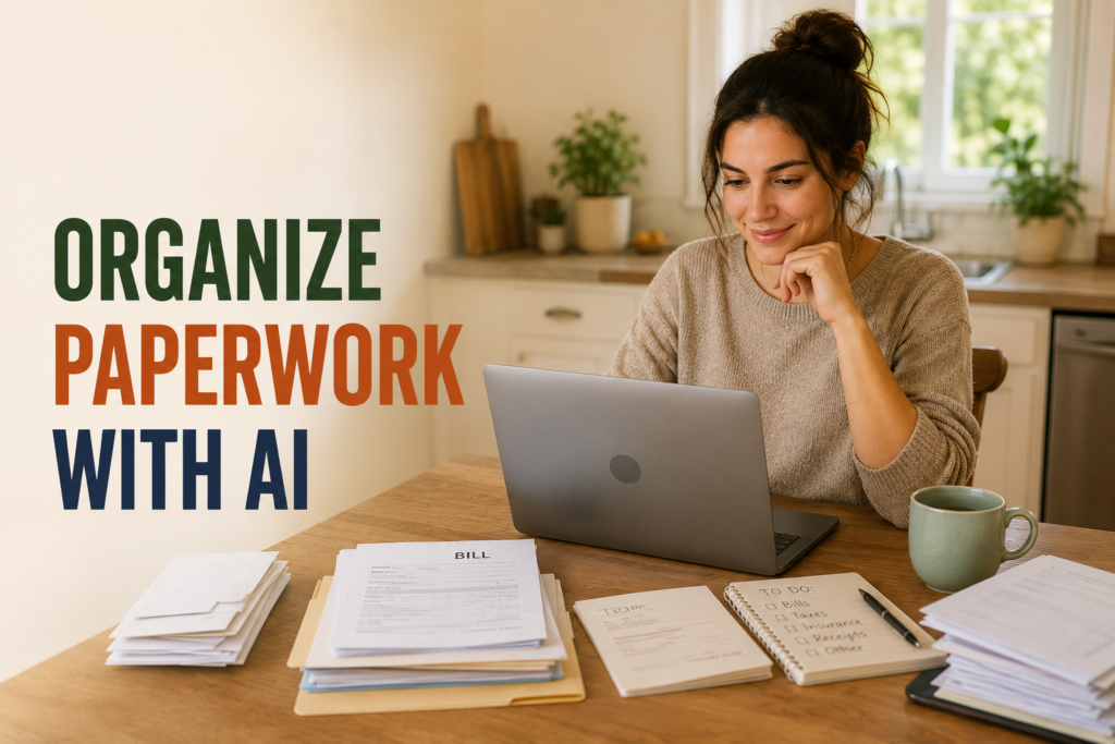 Woman using AI on laptop to organize household paperwork and documents at kitchen table