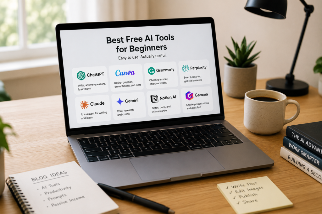 Laptop showing beginner-friendly AI tools on a clean modern workspace