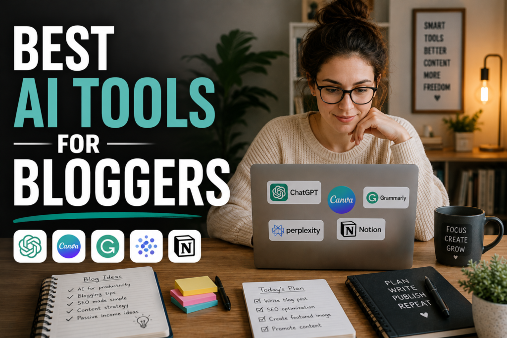 Blogger using AI tools on a laptop to create blog content