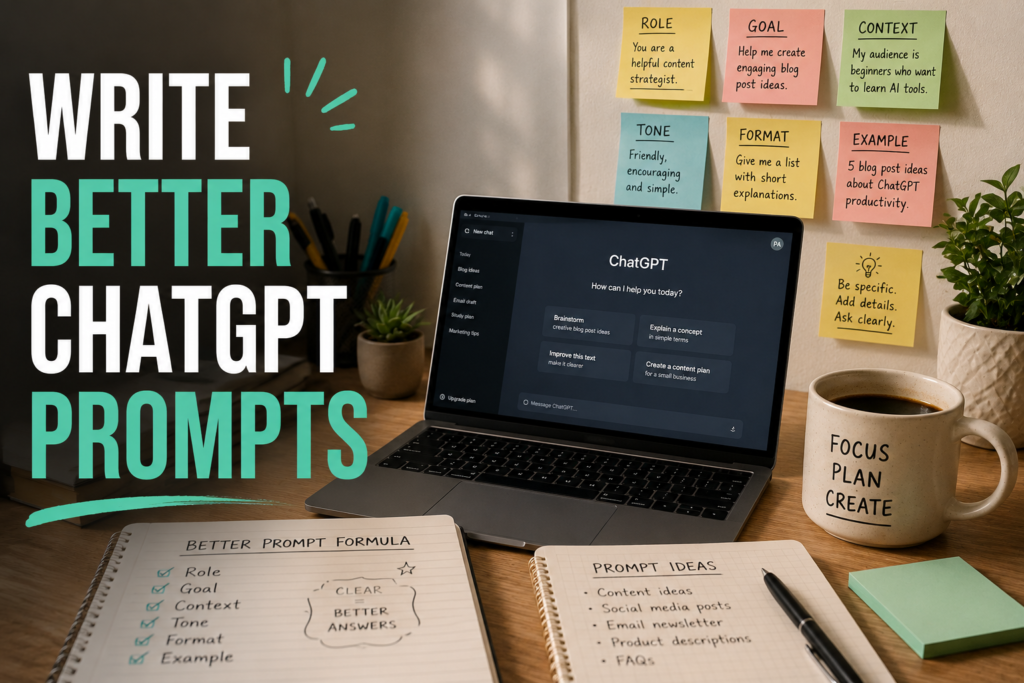 Creative workspace with ChatGPT prompt ideas on sticky notes and laptop