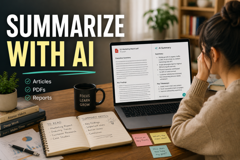 Beginner learning how to summarize with AI in a realistic workspace