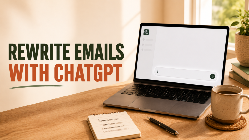 Laptop with email screen and rewritten draft notes representing using ChatGPT to rewrite emails