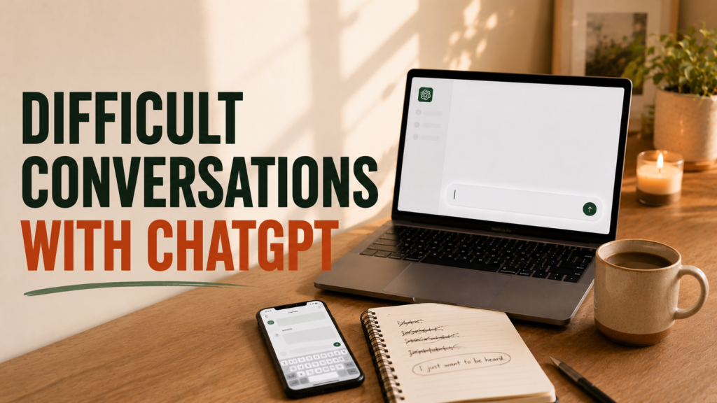 Laptop with AI chat screen, phone, and notes representing preparing for a difficult conversation using ChatGPT
