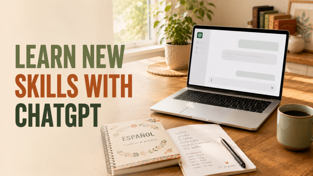 Laptop with a language notebook and ceramic mug on a warm desk representing using ChatGPT to learn a new skill