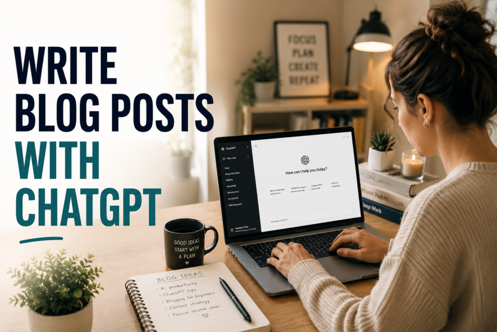Blogger writing a blog post with ChatGPT open on a laptop in a cozy workspace