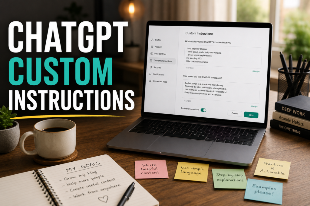 Laptop showing ChatGPT custom instructions settings in a realistic workspace