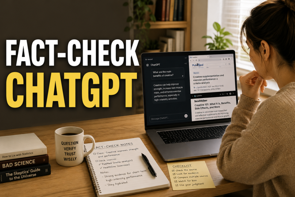 Person fact-checking ChatGPT answers on a laptop in a realistic workspace