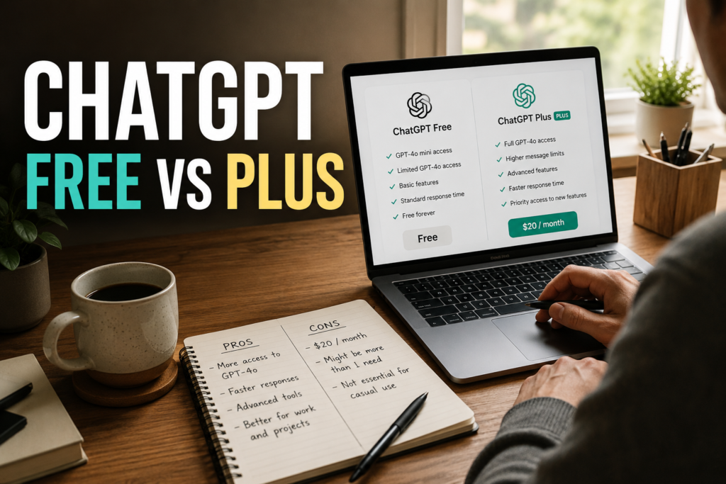 Person comparing ChatGPT Free and Plus on a laptop at a home desk