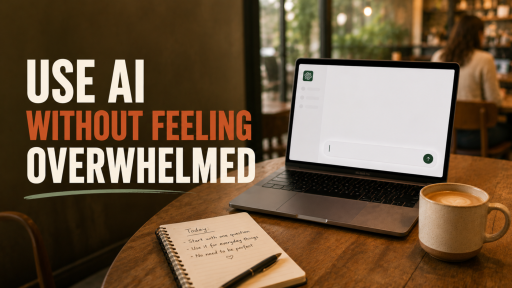 Laptop with simple AI chat screen and notebook representing learning how to use AI without feeling overwhelmed