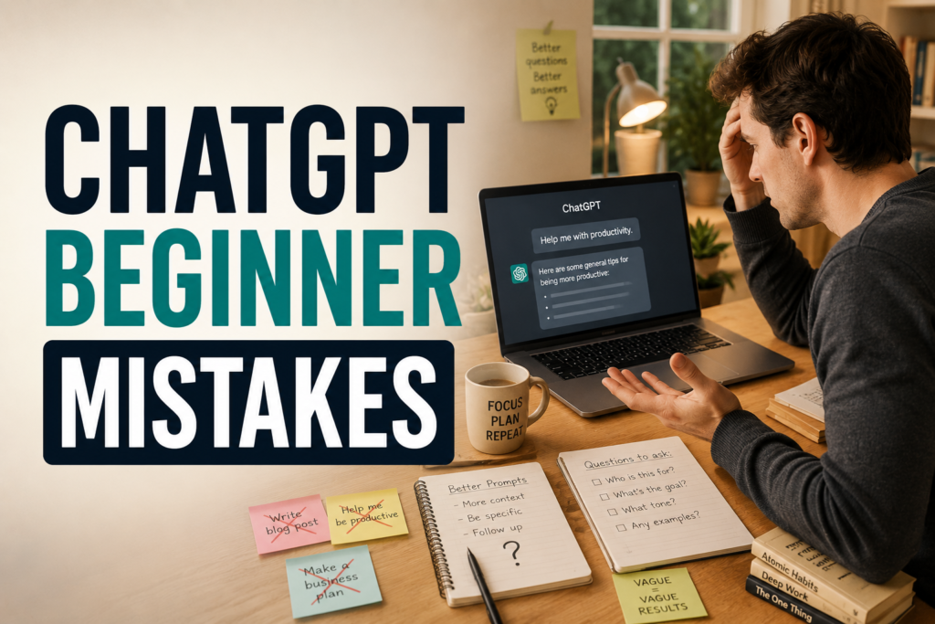 Beginner learning about ChatGPT mistakes beginners make in a realistic workspace