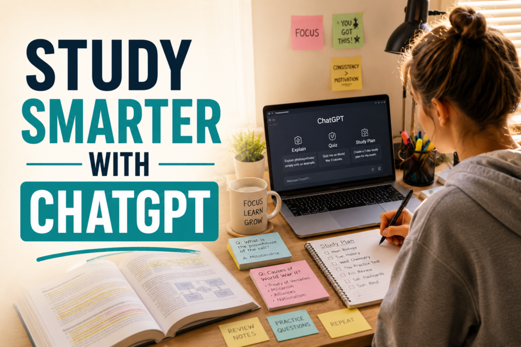 Student learning the best ways to study smarter with ChatGPT in a realistic study workspace