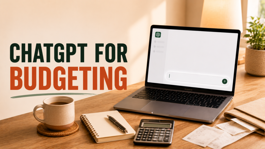 Laptop with budgeting notes and calculator representing using ChatGPT for budgeting