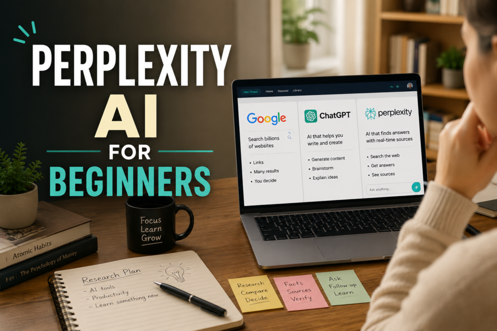 Beginner learning how to use Perplexity AI for research in a realistic workspace