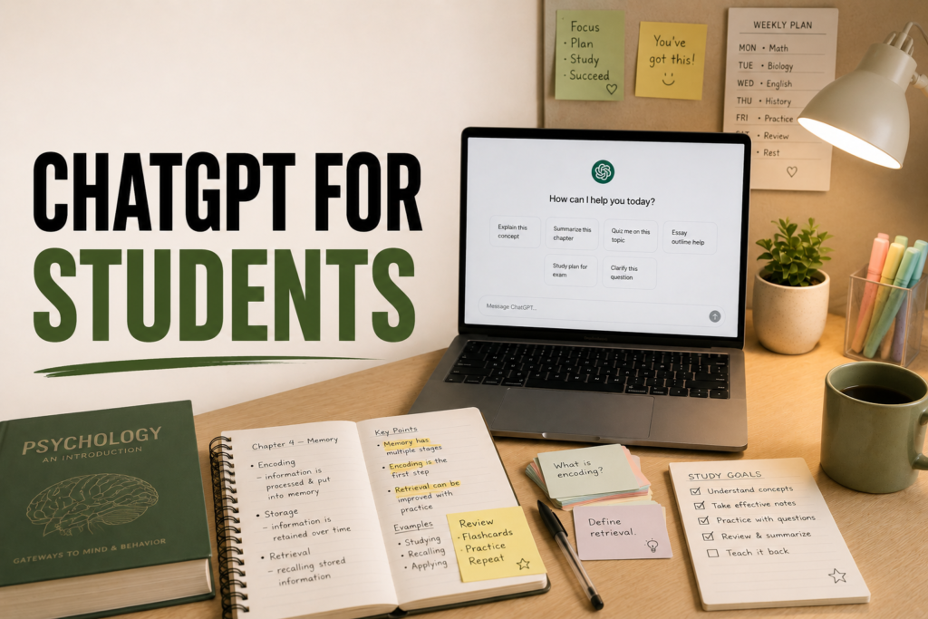 ChatGPT for students beginners study setup with laptop and notes