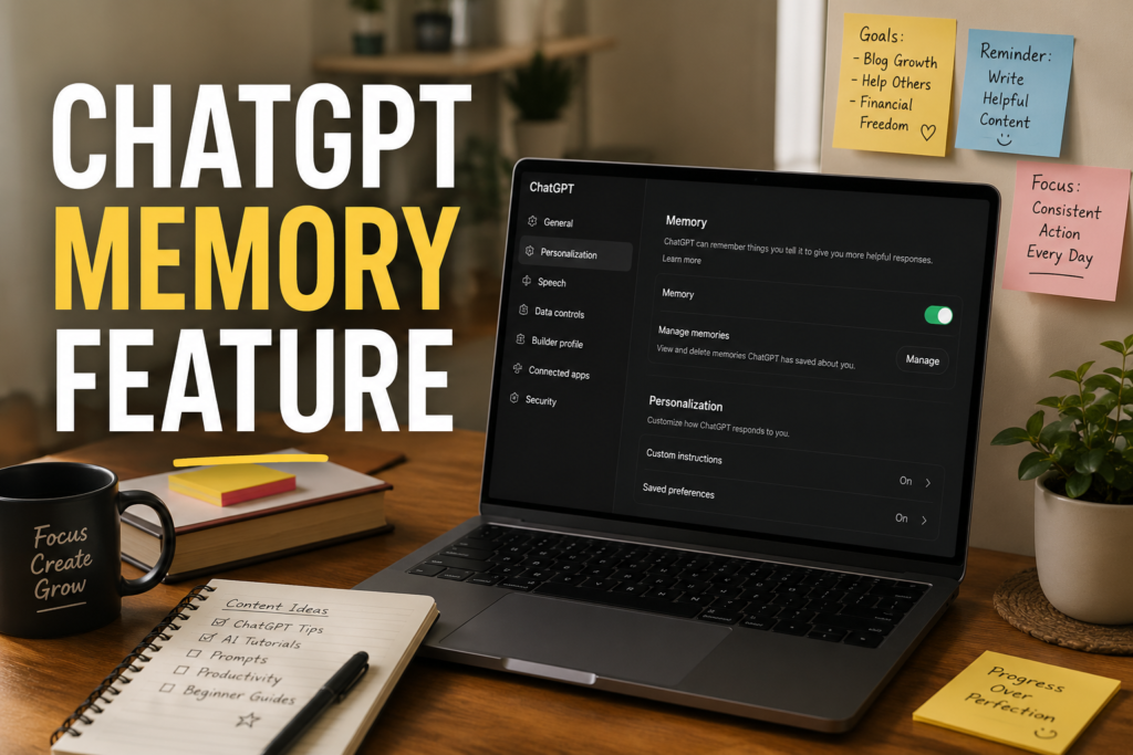 Laptop showing ChatGPT memory feature settings in a realistic workspace