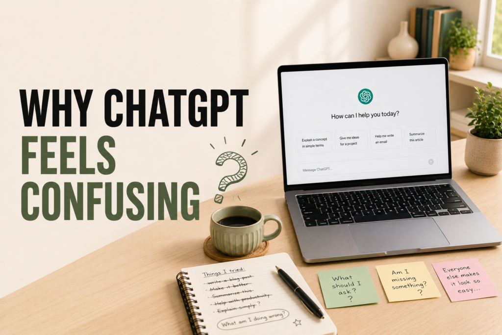 Laptop and notebook on a cozy desk representing beginner confusion with ChatGPT