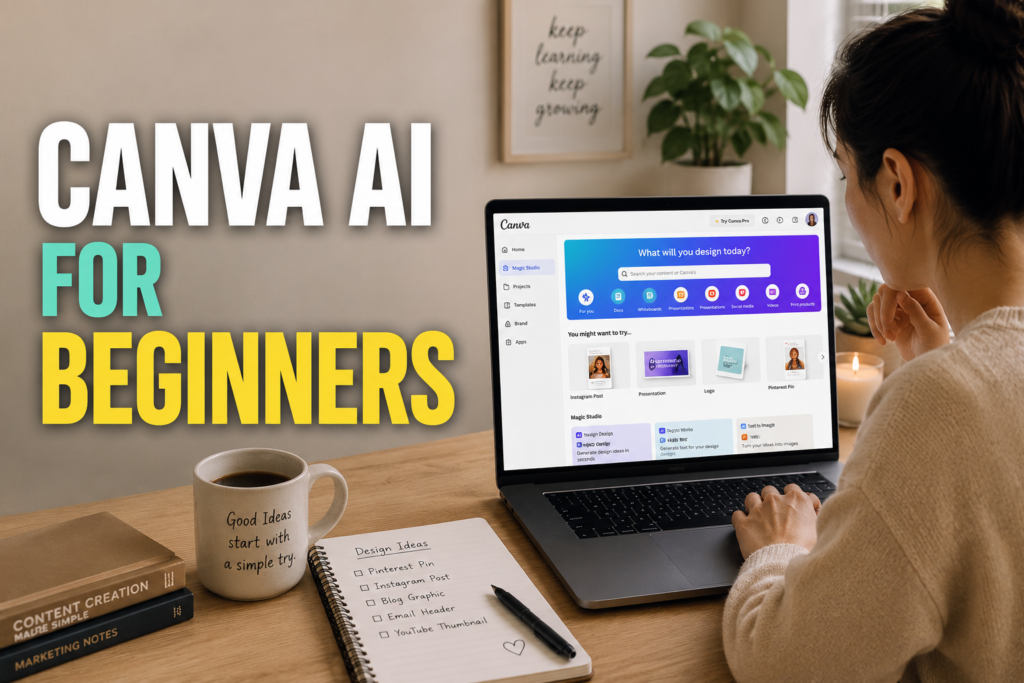 Beginner learning Canva AI features for beginners in a realistic workspace
