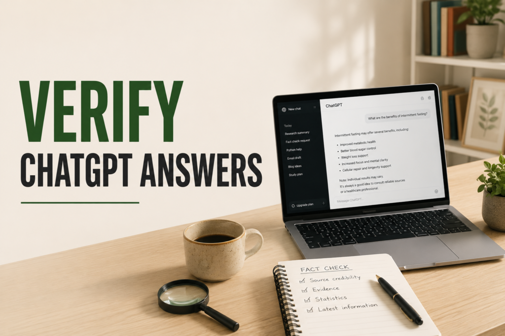 Magnifying glass and laptop representing how to verify ChatGPT answers