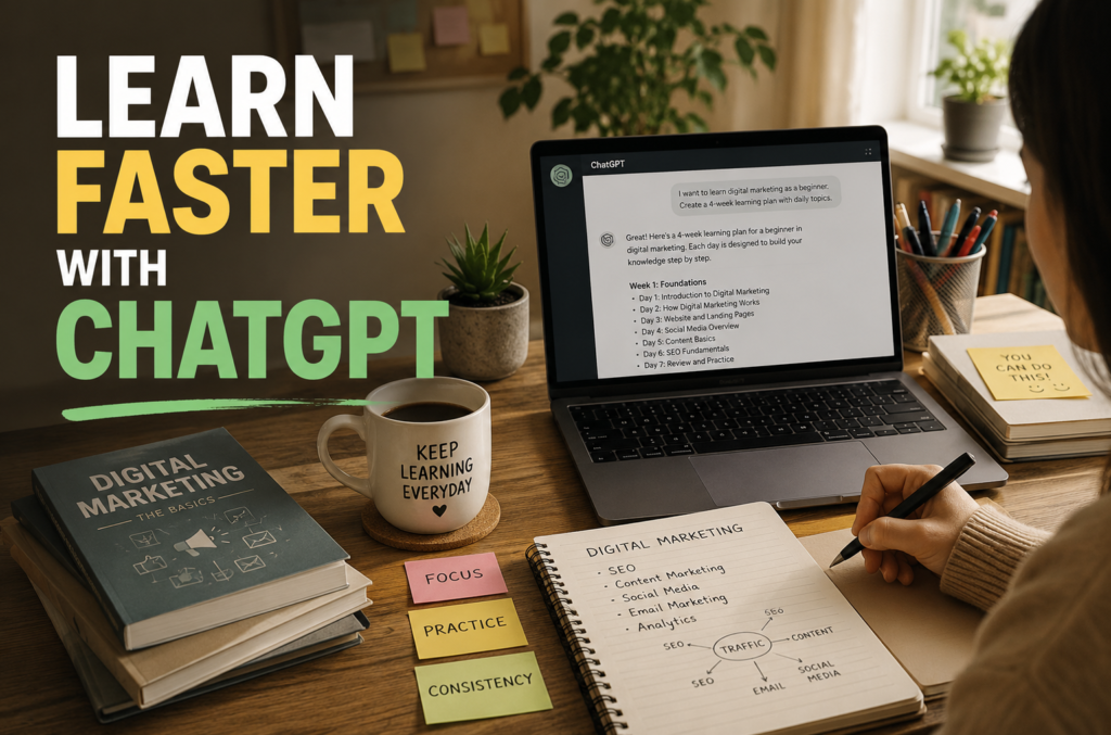Beginner learning new skills faster with ChatGPT in a realistic study workspace