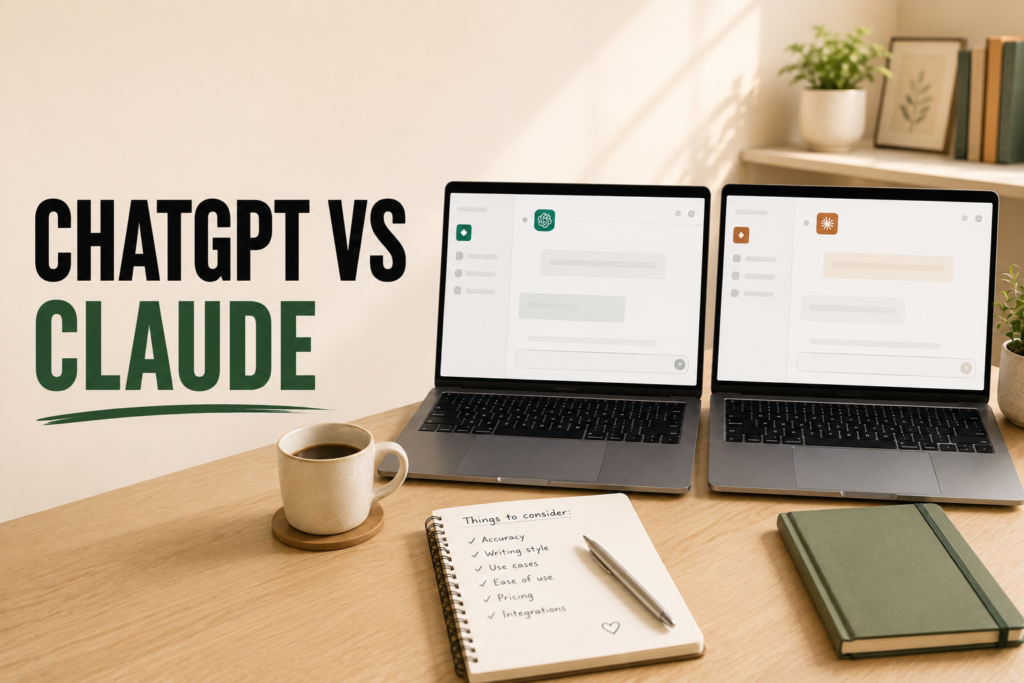Two modern laptops side by side comparing ChatGPT vs Claude for beginners