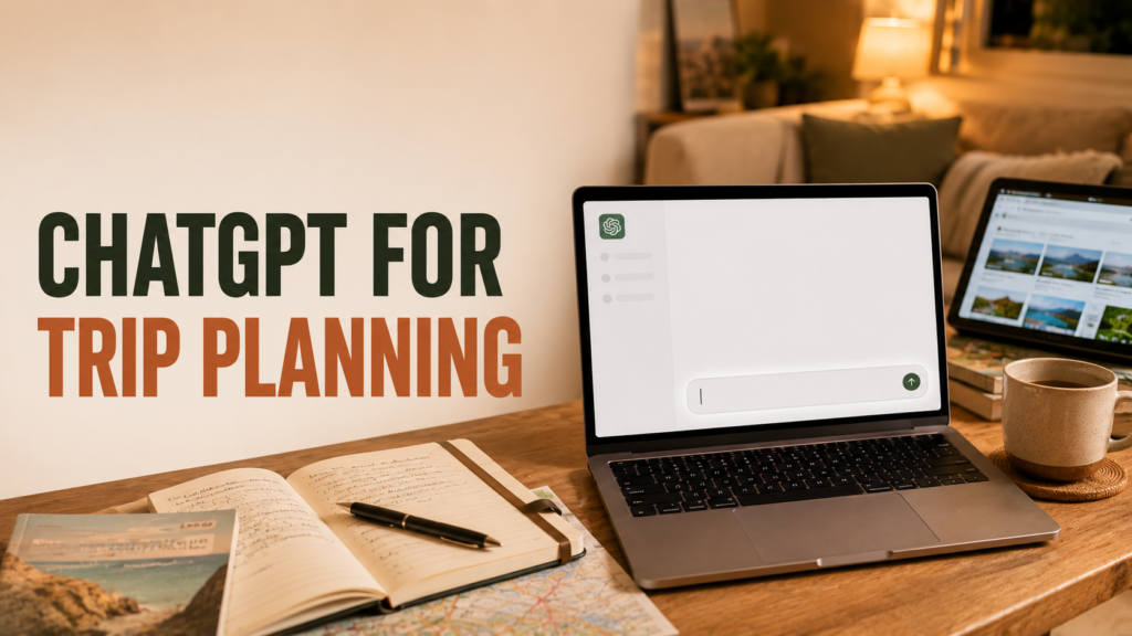 Modern laptop and travel notebook representing using ChatGPT for trip planning at home