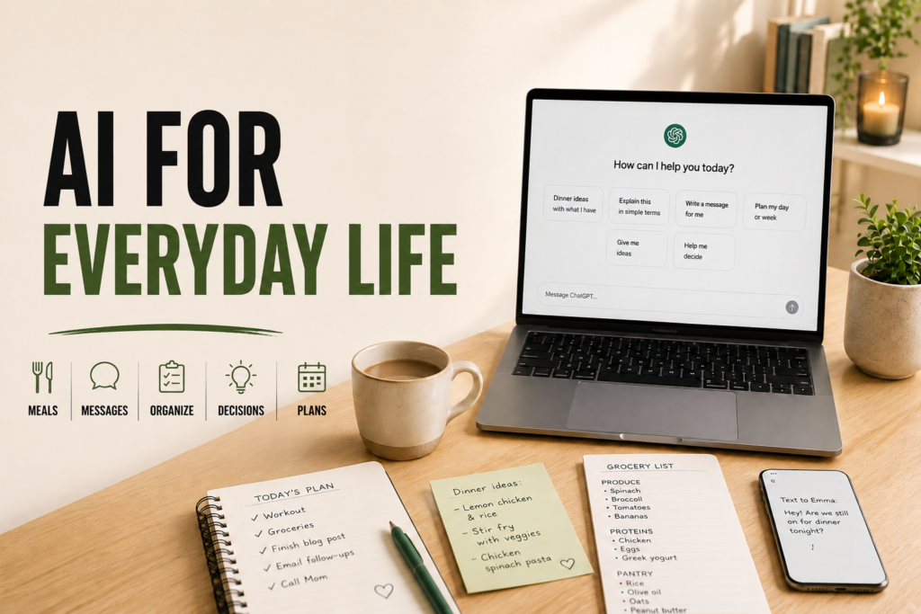 Modern laptop and everyday task checklist showing how to use AI for daily tasks and everyday life