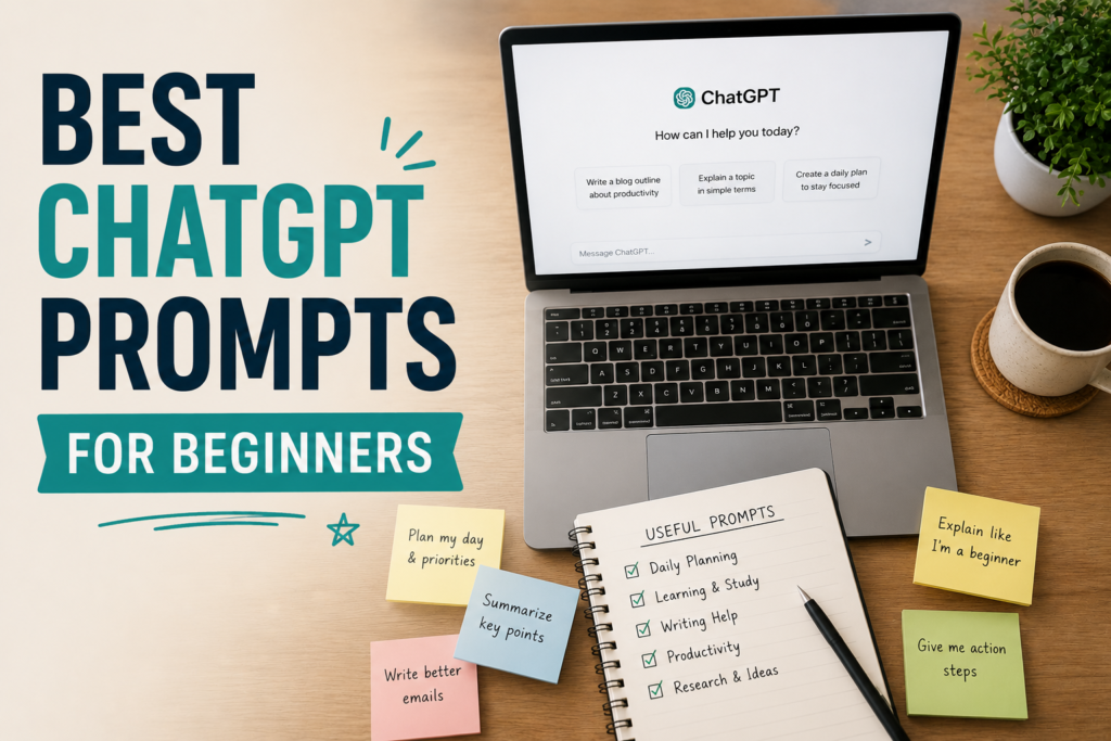 Beginner-friendly ChatGPT prompts shown on a laptop and notebook workspace
