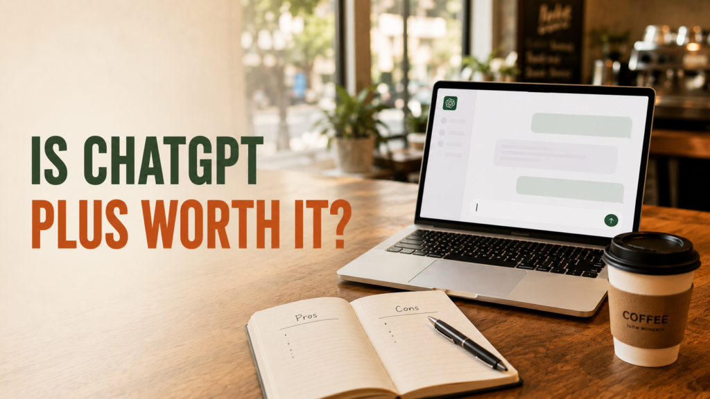 Laptop and a pros-and-cons notebook on a warm desk representing the ChatGPT Free vs Paid decision for beginners