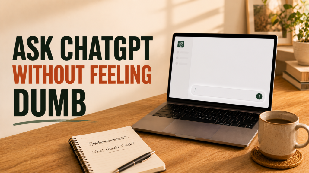 Laptop with chat screen and notebook showing revised question representing asking ChatGPT without feeling dumb