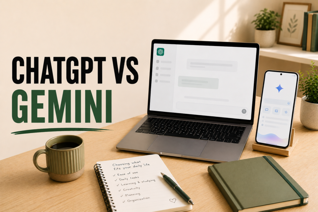 Modern laptop and smartphone representing ChatGPT vs Gemini for beginners choosing an AI tool
