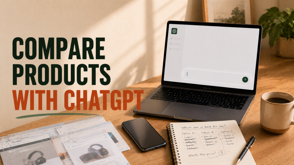 Laptop with AI chat screen and product comparison notes representing using ChatGPT to compare products
