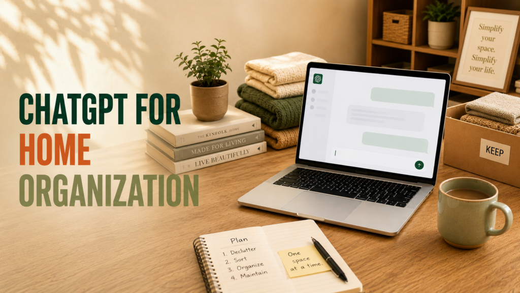 Laptop beside items being sorted and a notepad on a home surface representing using ChatGPT for home organization