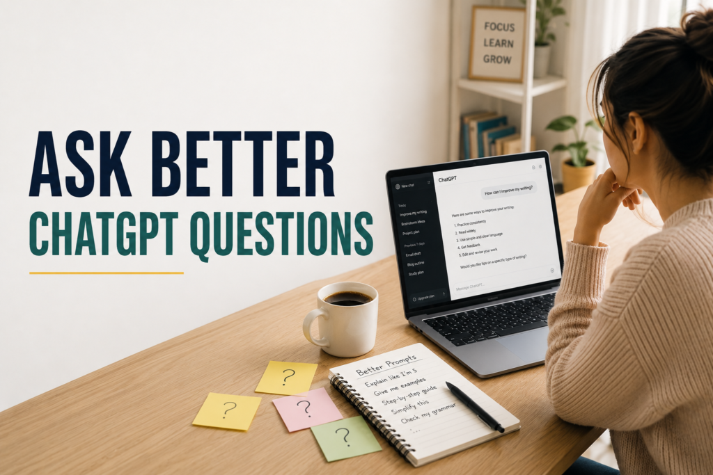 Beginner learning how to ask better questions in ChatGPT on a laptop