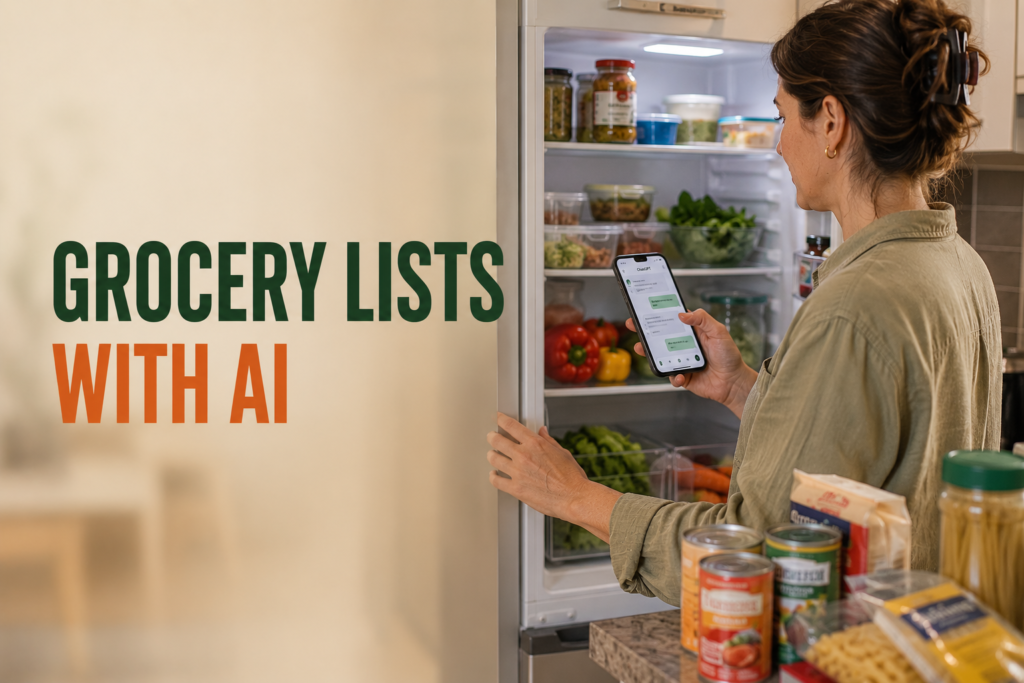 Adult using AI on phone to create a grocery list while looking inside the refrigerator at home