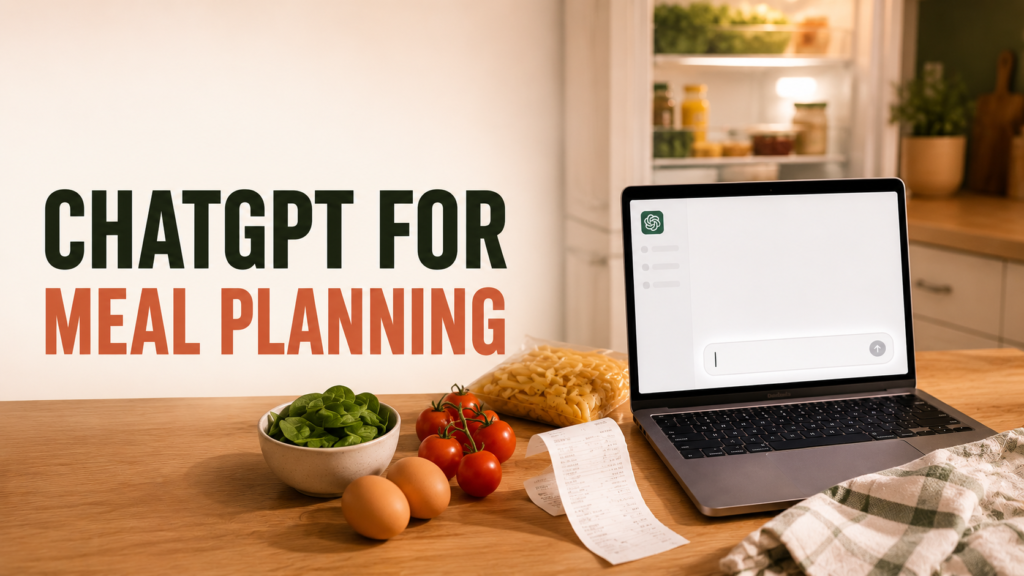Modern laptop on a kitchen counter helping with meal planning and dinner ideas using ChatGPT