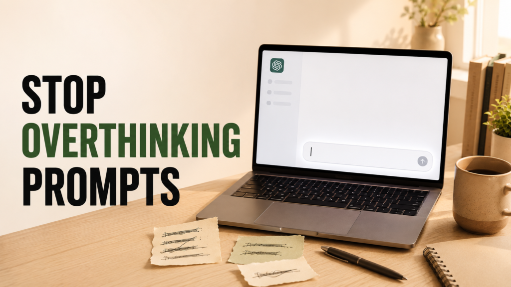 Modern laptop with blinking cursor and crossed-out notes representing overthinking ChatGPT prompts
