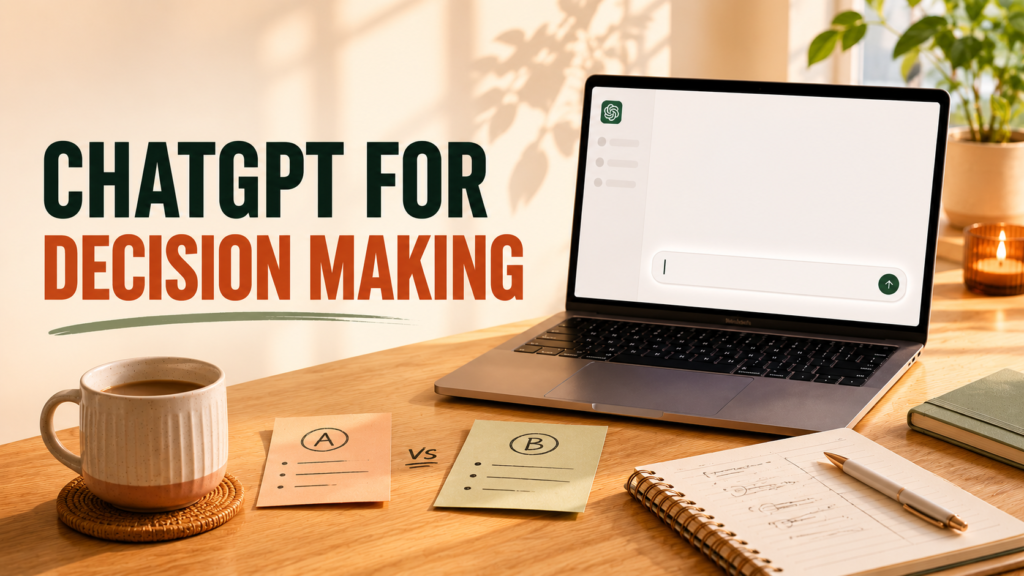 Laptop with sticky notes and notebook representing using ChatGPT for decision making