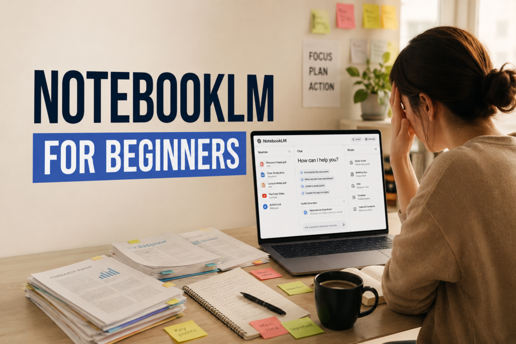 Beginner learning what NotebookLM is in a realistic workspace with documents and AI tools
