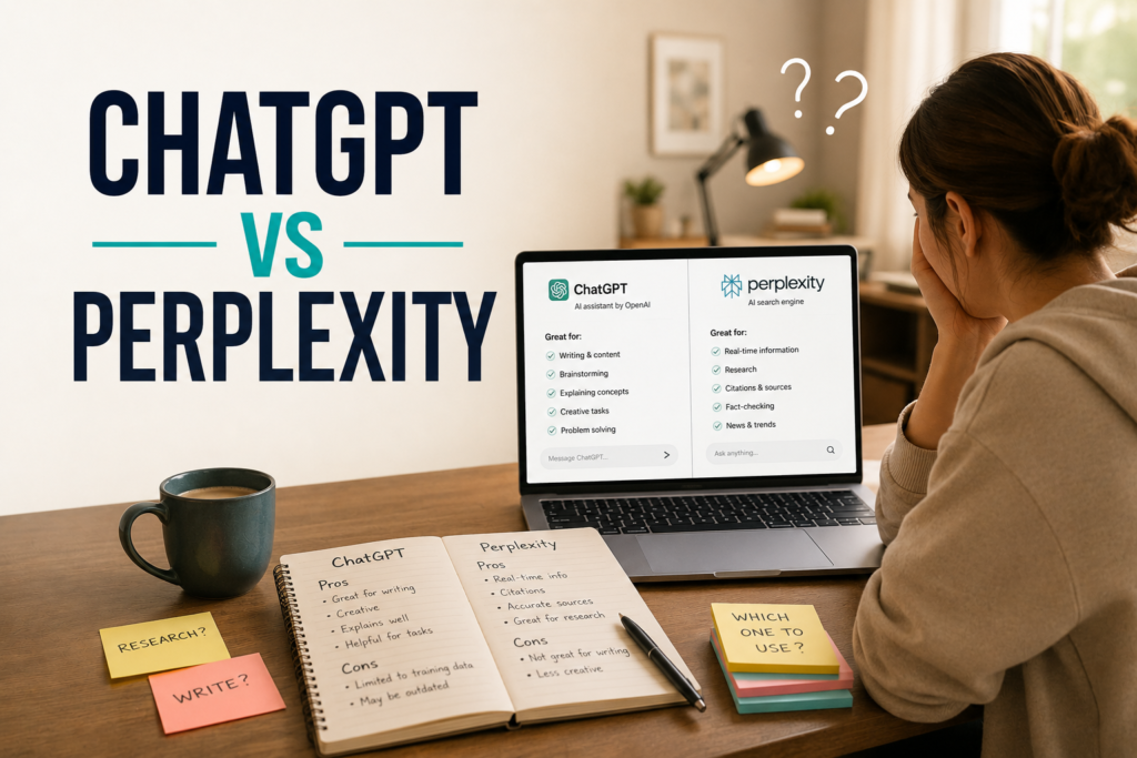 Beginner comparing ChatGPT vs Perplexity on a laptop in a realistic workspace