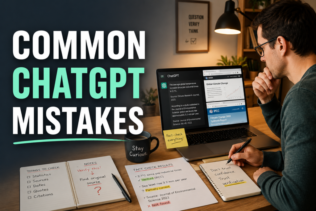 Person learning about common ChatGPT mistakes and fact-checking AI responses