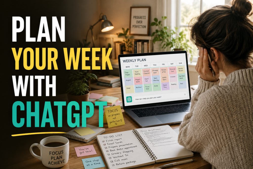 Beginner using weekly planning with ChatGPT in a realistic workspace