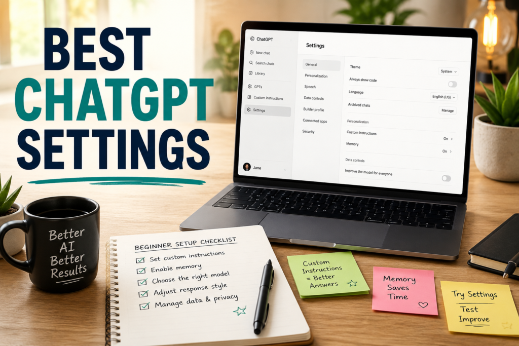 Beginner setting up the best ChatGPT settings on a laptop in a realistic home office