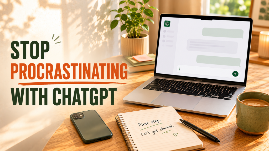 Laptop with a chat interface and a notebook with a first line written on a warm desk representing using ChatGPT to stop procrastinating