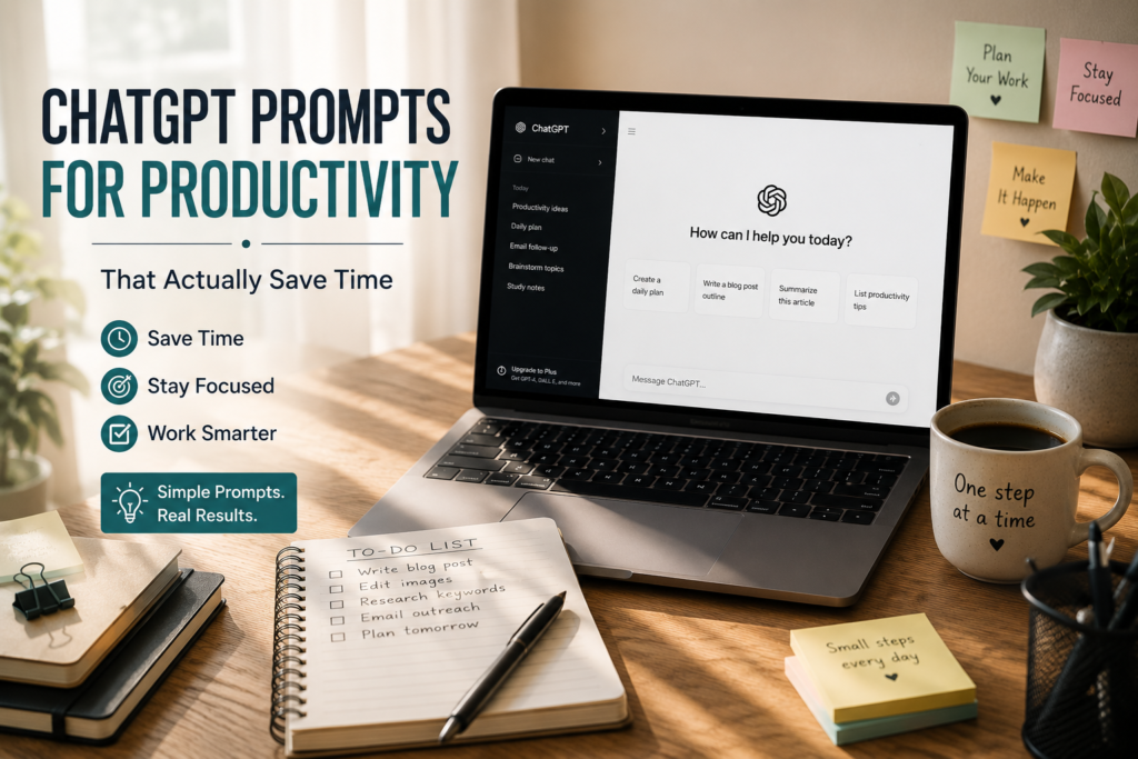 Productivity desk setup with ChatGPT on laptop and productivity prompts