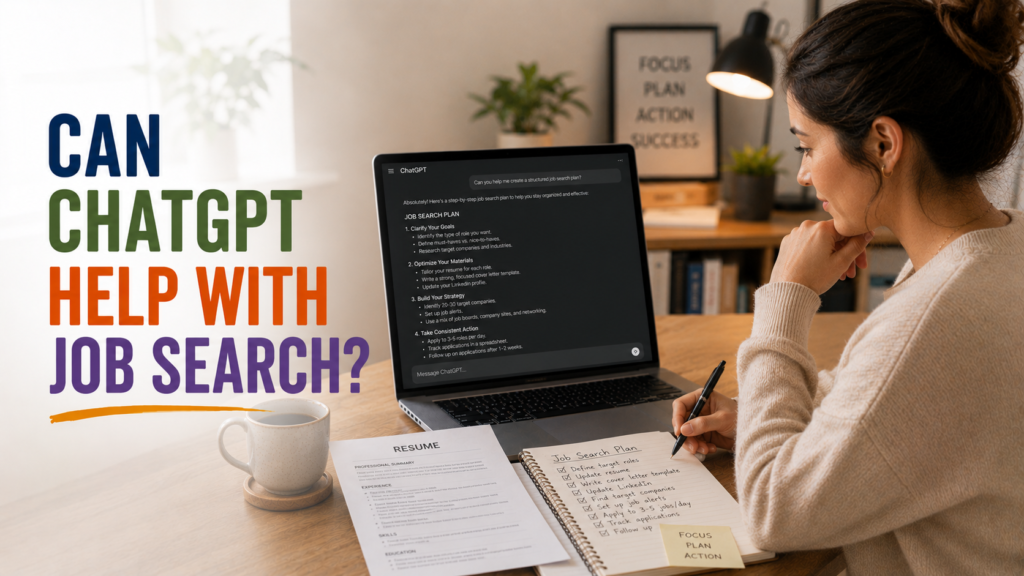 ob seeker at desk using ChatGPT on laptop to build a structured job search strategy, with resume and handwritten notes nearby